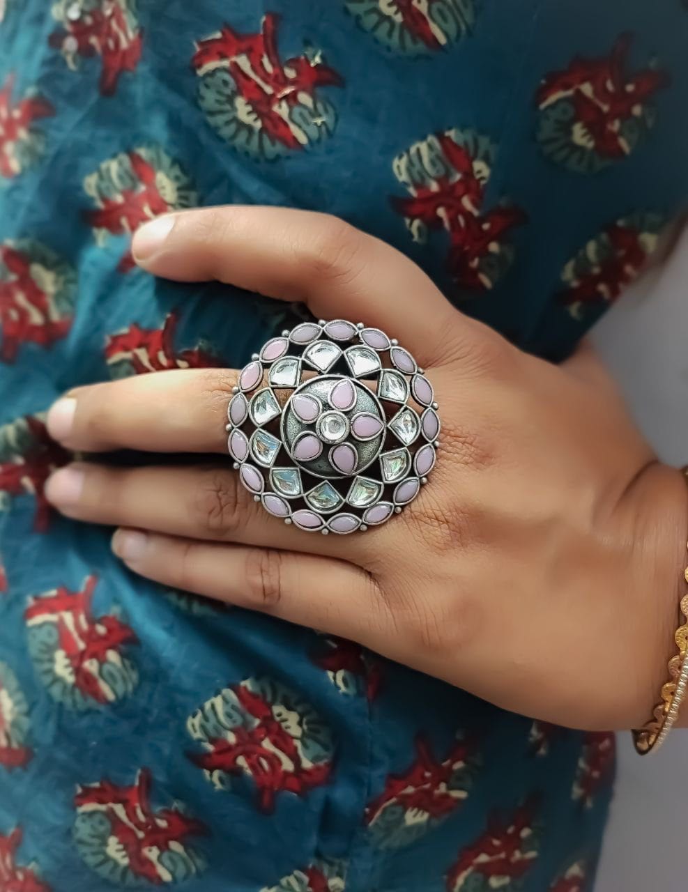 Antique Silver Replica Round Shape Stone Work Adjustable Rings For Girls - Image 2