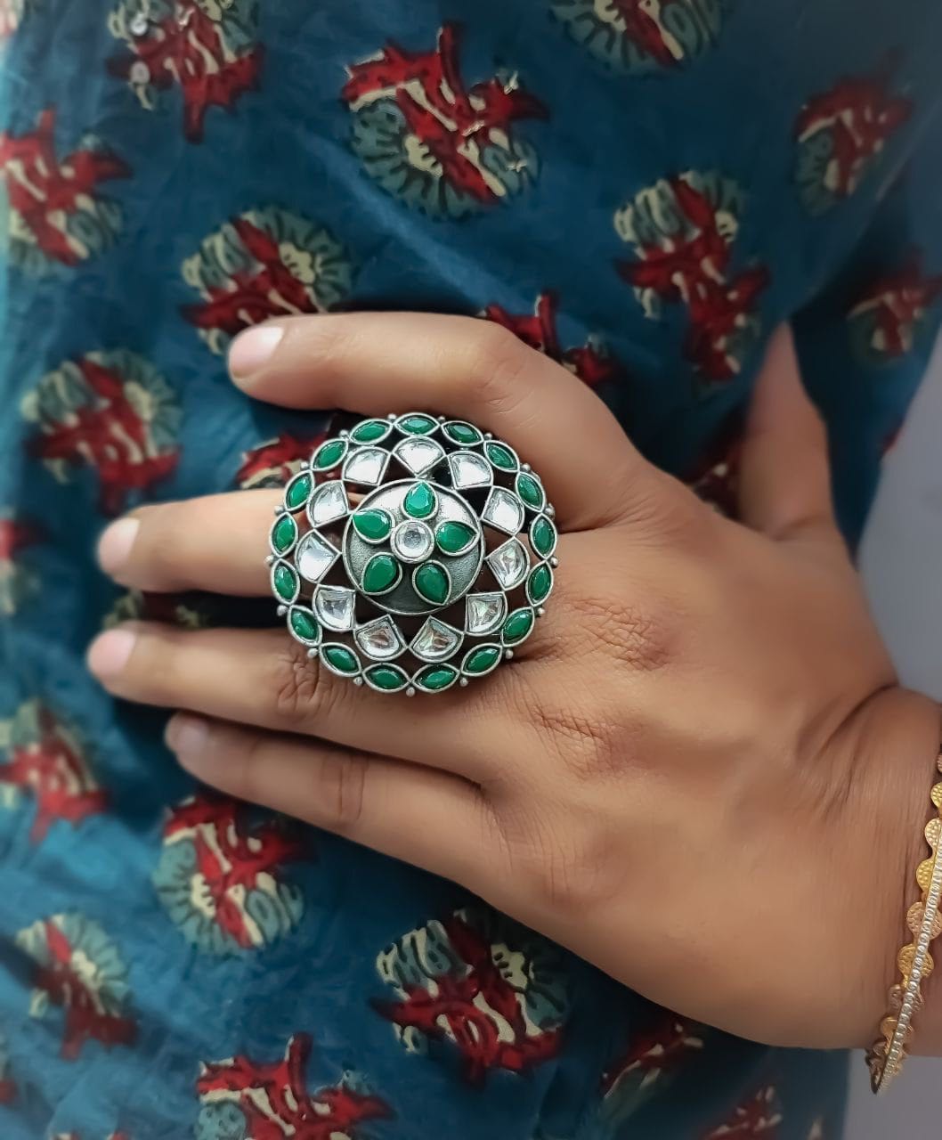 Antique Silver Replica Round Shape Stone Work Adjustable Rings For Girls