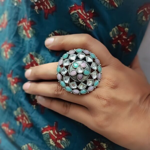 Antique Silver Replica Round Shape Stone Work Adjustable Rings For Girls - "Baby Pink Mint"