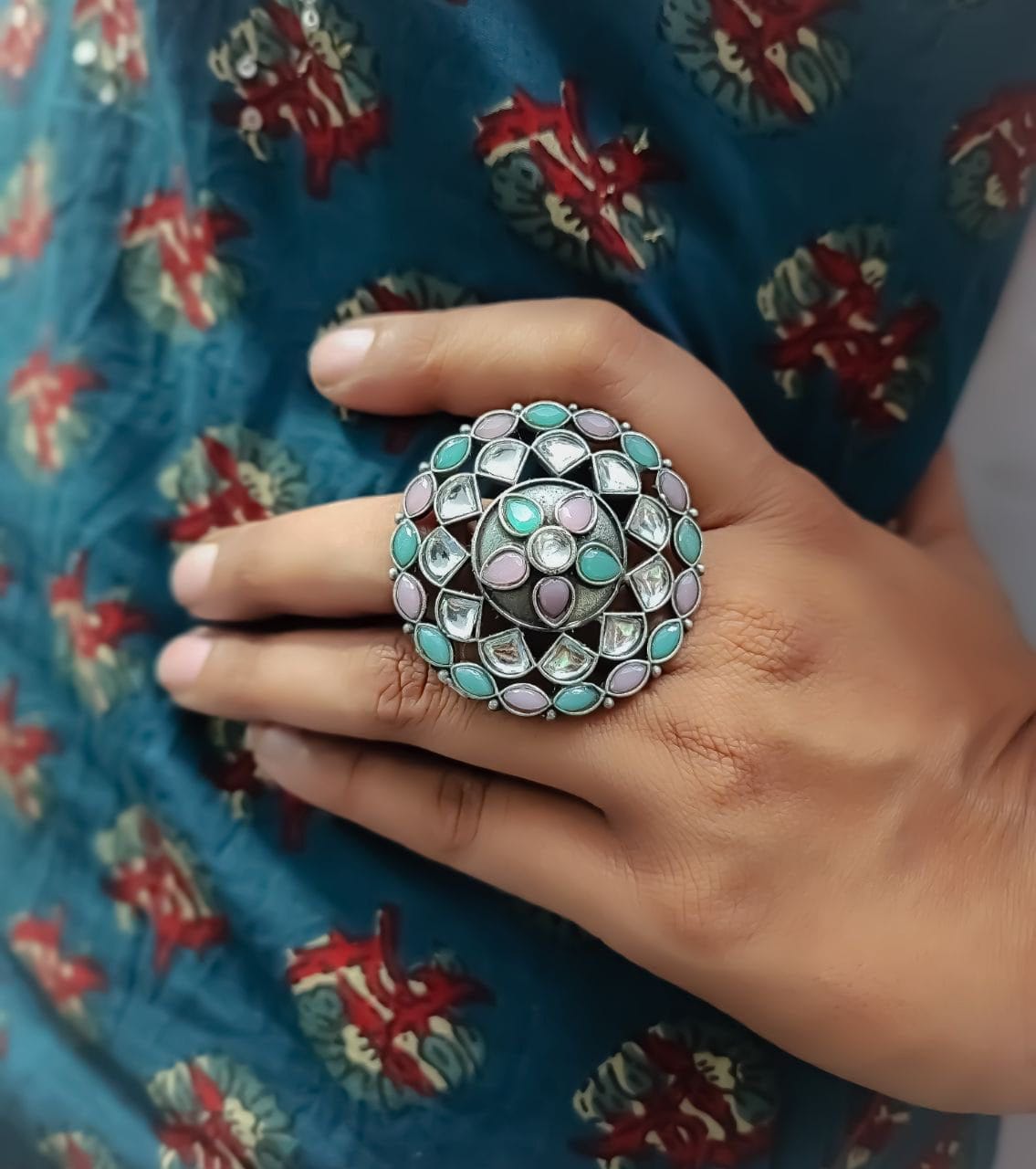 Antique Silver Replica Round Shape Stone Work Adjustable Rings For Girls - Image 5