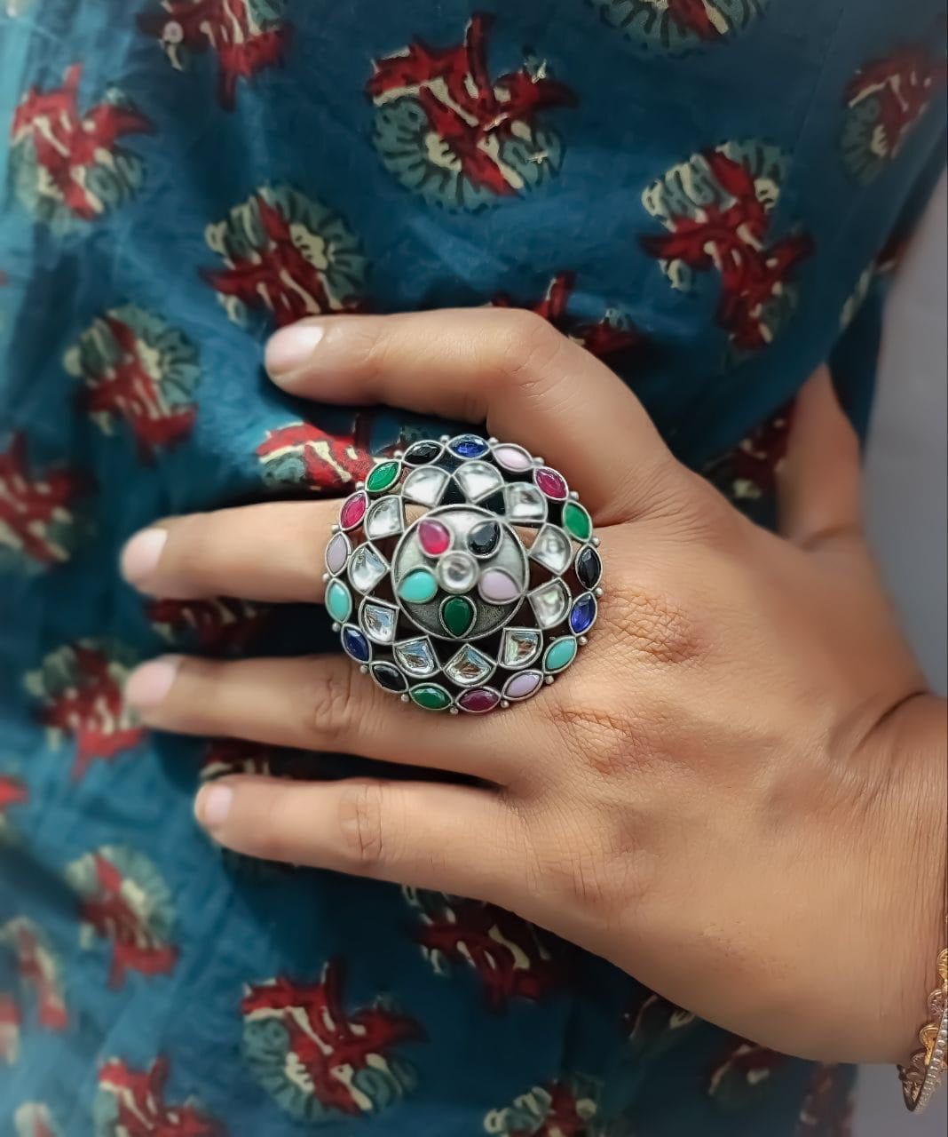 Antique Silver Replica Round Shape Stone Work Adjustable Rings For Girls - Image 7