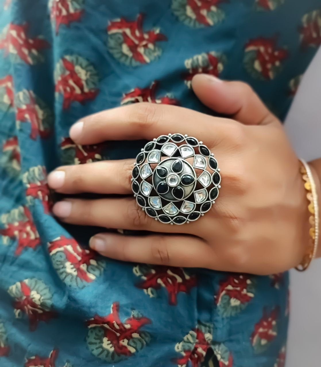 Antique Silver Replica Round Shape Stone Work Adjustable Rings For Girls - Image 9