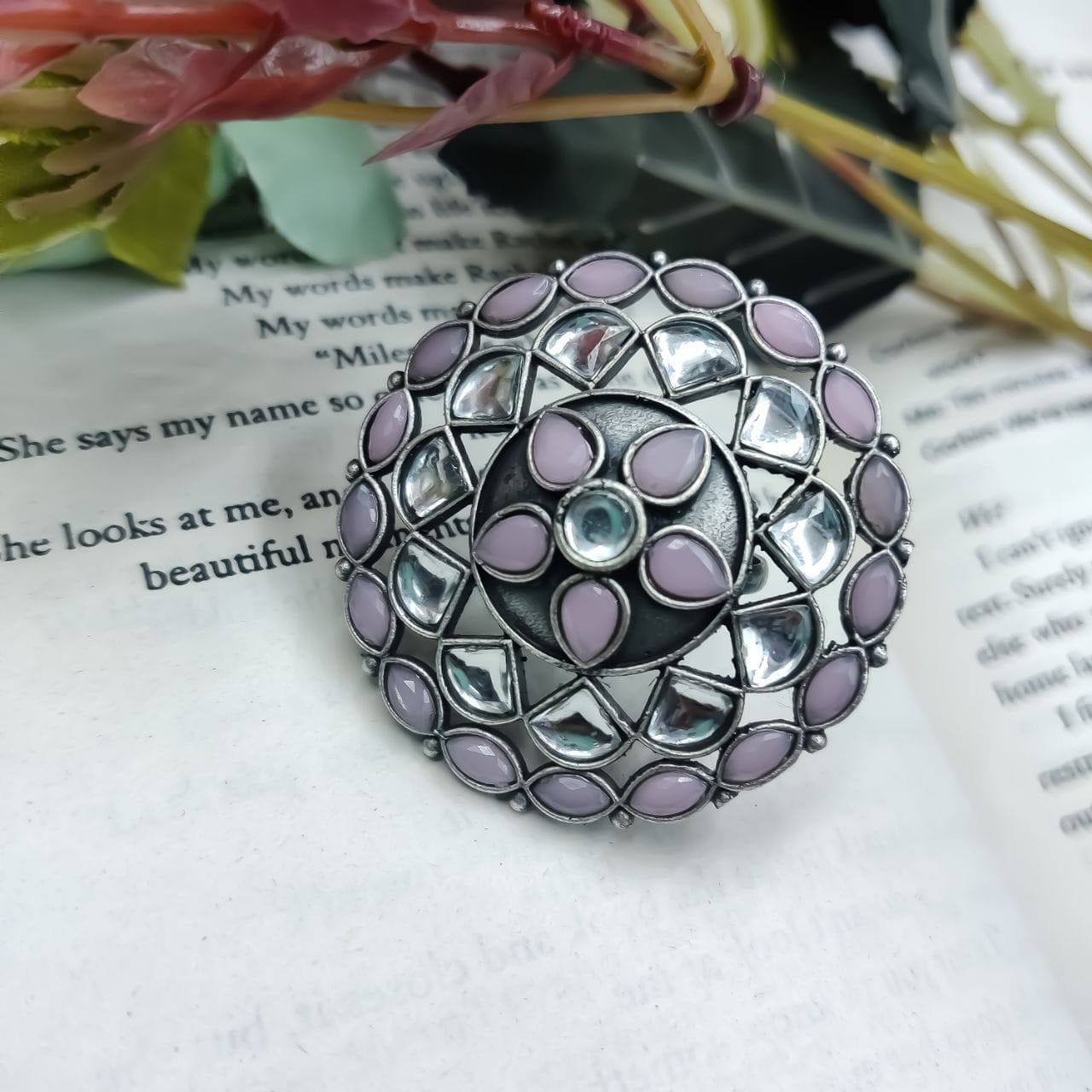 Antique Silver Replica Round Shape Stone Work Adjustable Rings For Girls - Image 3