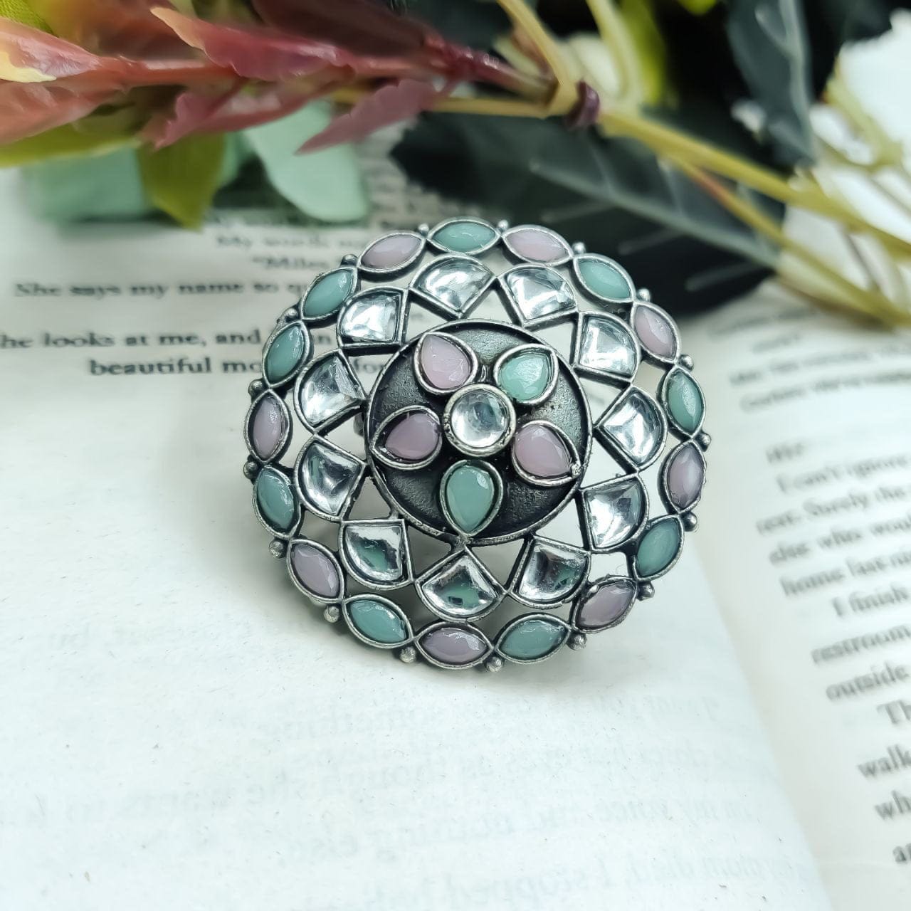 Antique Silver Replica Round Shape Stone Work Adjustable Rings For Girls - Image 6