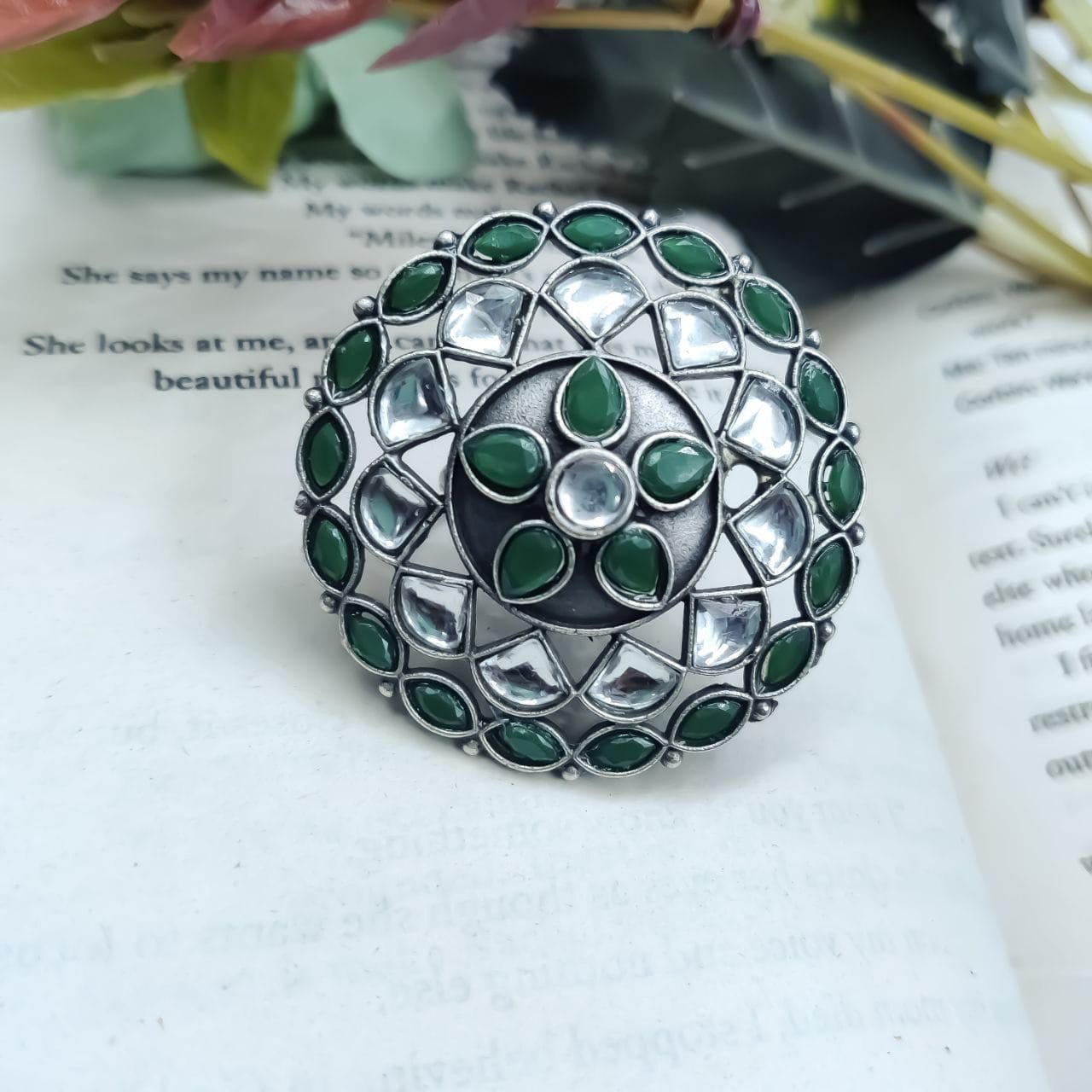 Antique Silver Replica Round Shape Stone Work Adjustable Rings For Girls - Image 4