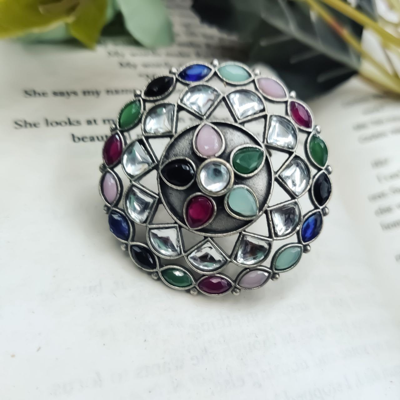 Antique Silver Replica Round Shape Stone Work Adjustable Rings For Girls - Image 8