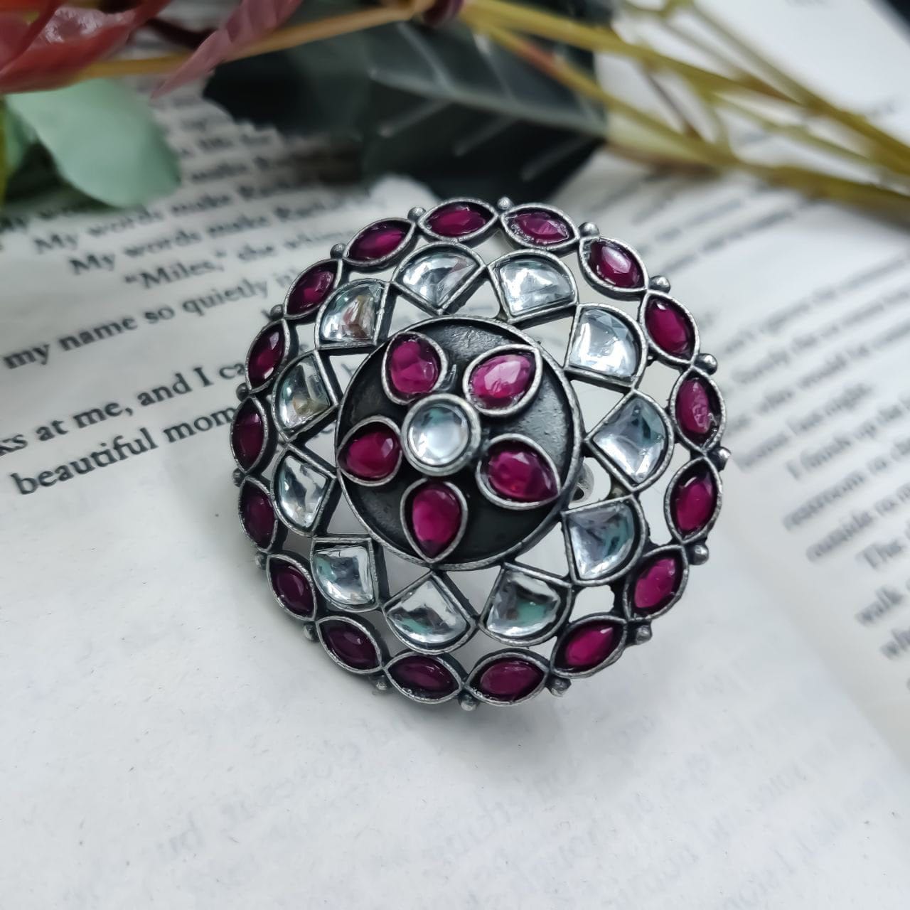 Antique Silver Replica Round Shape Stone Work Adjustable Rings For Girls - Image 16