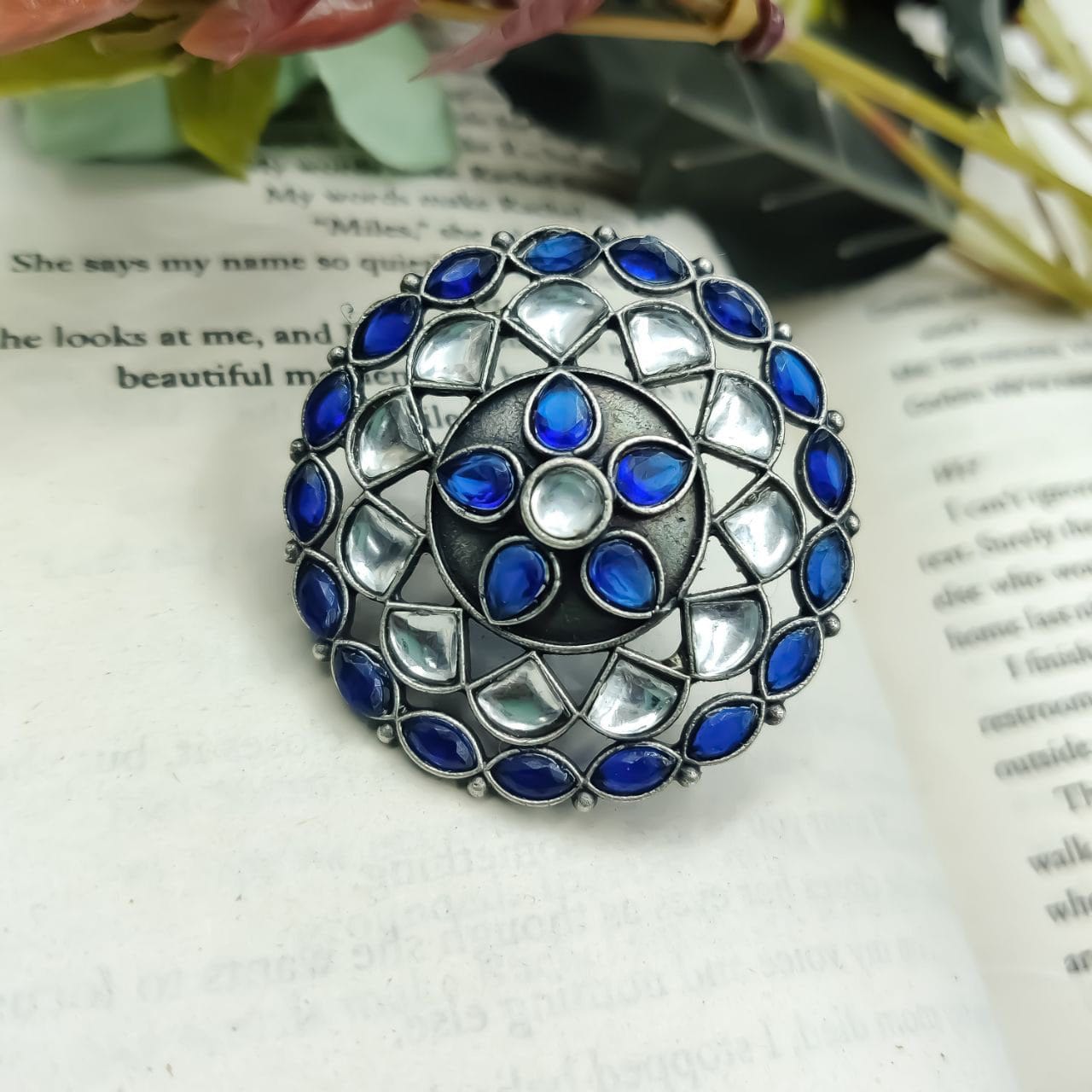 Antique Silver Replica Round Shape Stone Work Adjustable Rings For Girls - Image 14