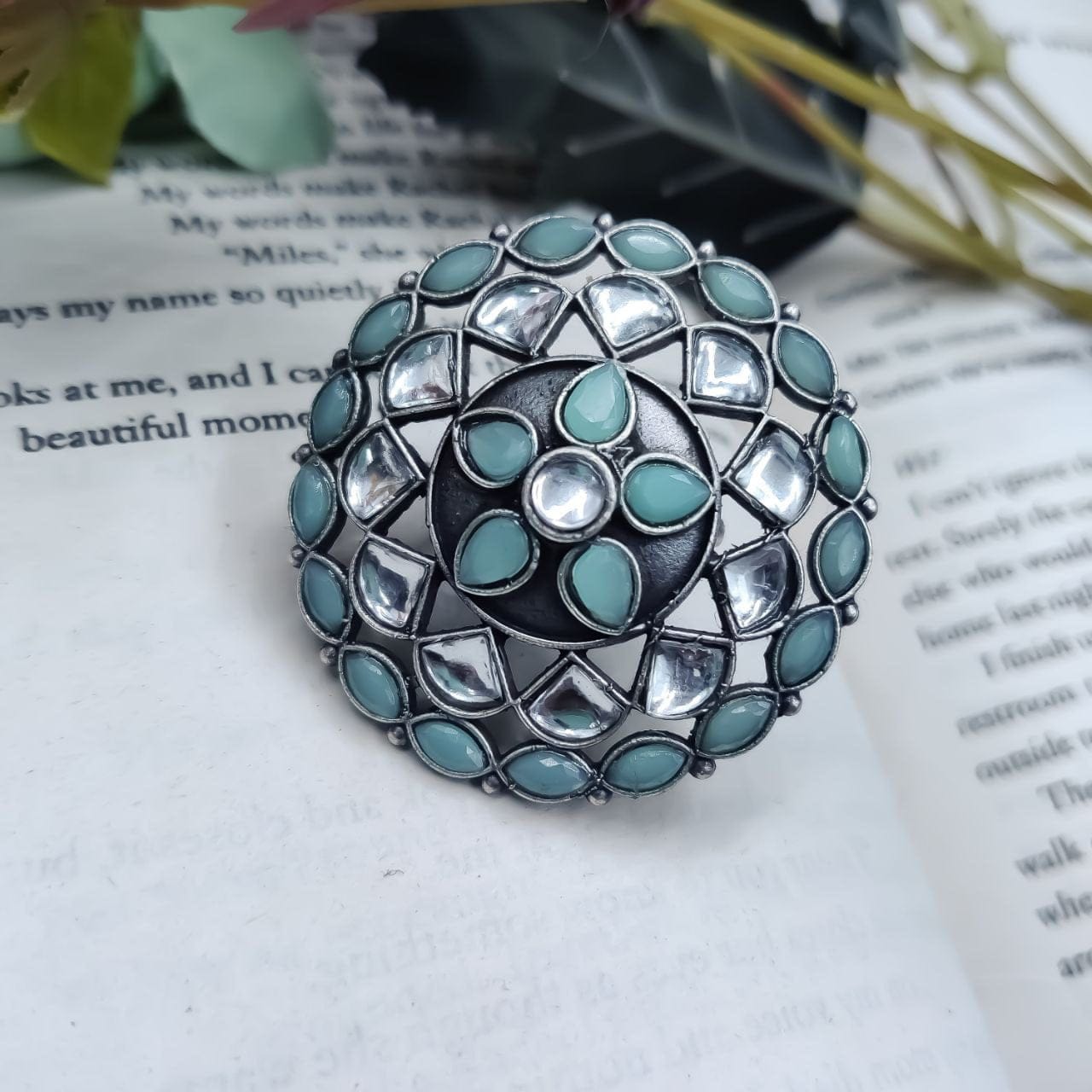 Antique Silver Replica Round Shape Stone Work Adjustable Rings For Girls - Image 12