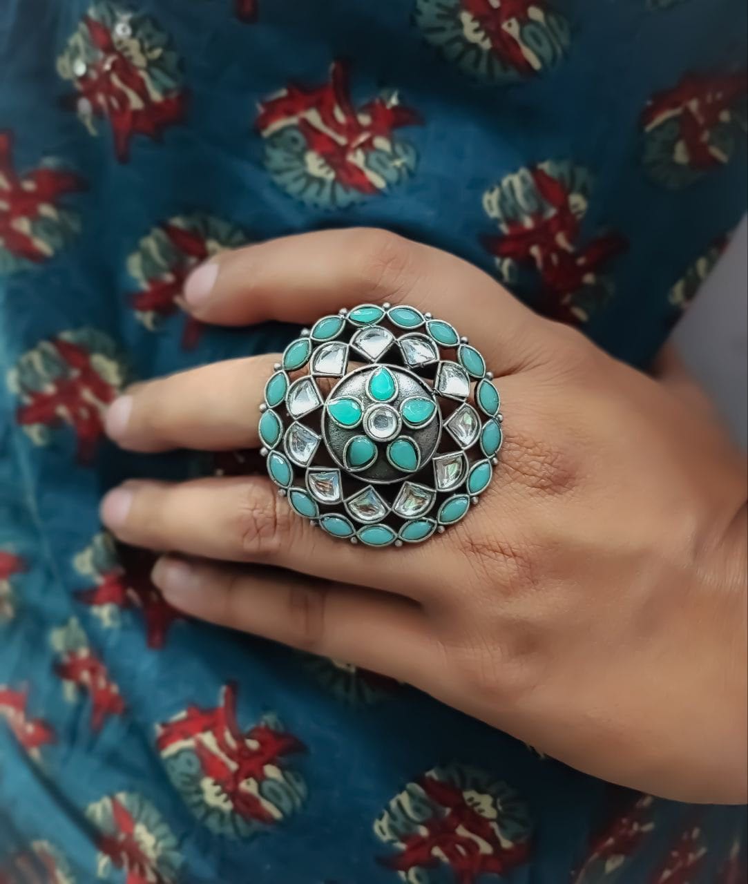 Antique Silver Replica Round Shape Stone Work Adjustable Rings For Girls - Image 11