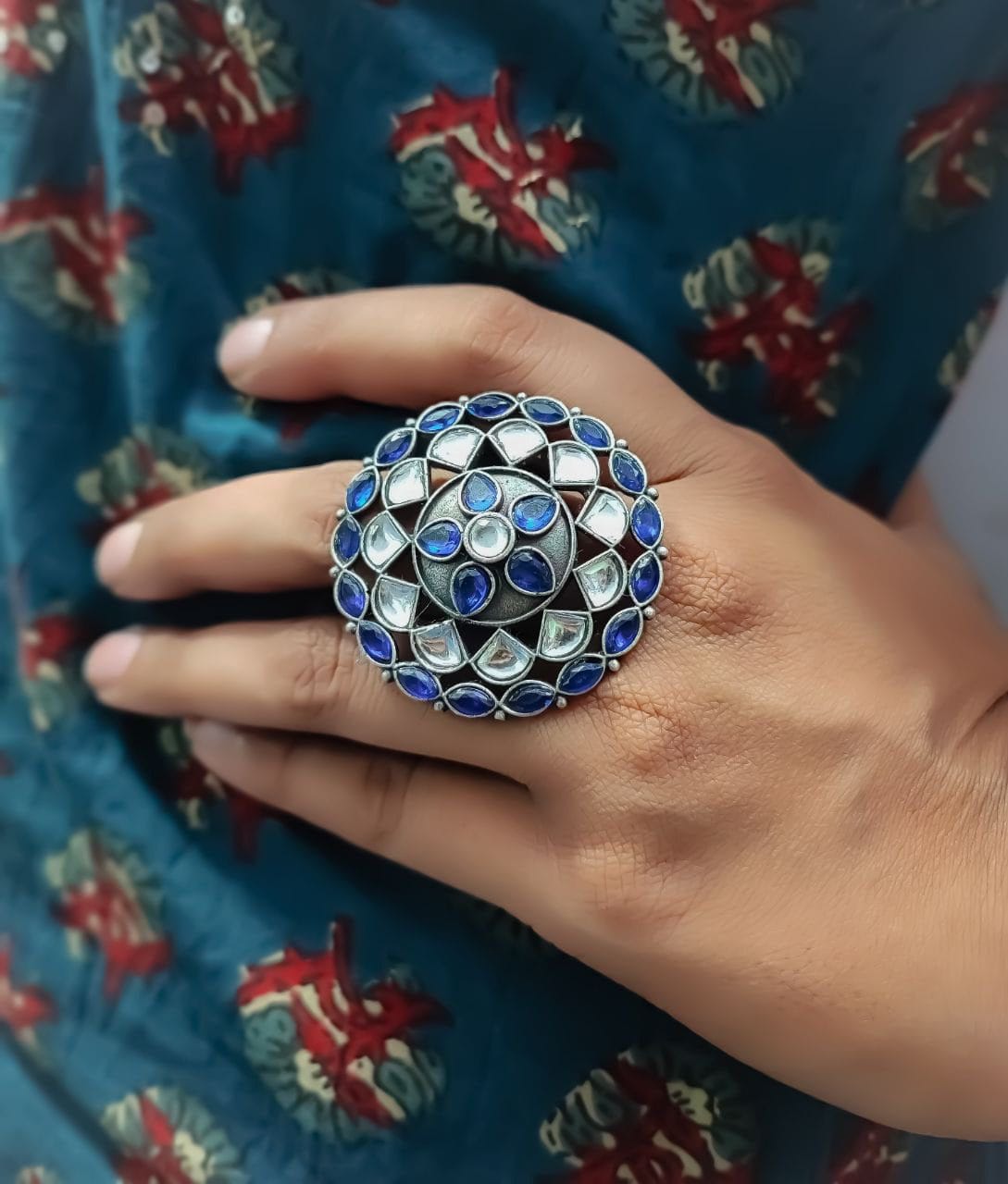 Antique Silver Replica Round Shape Stone Work Adjustable Rings For Girls - Image 13