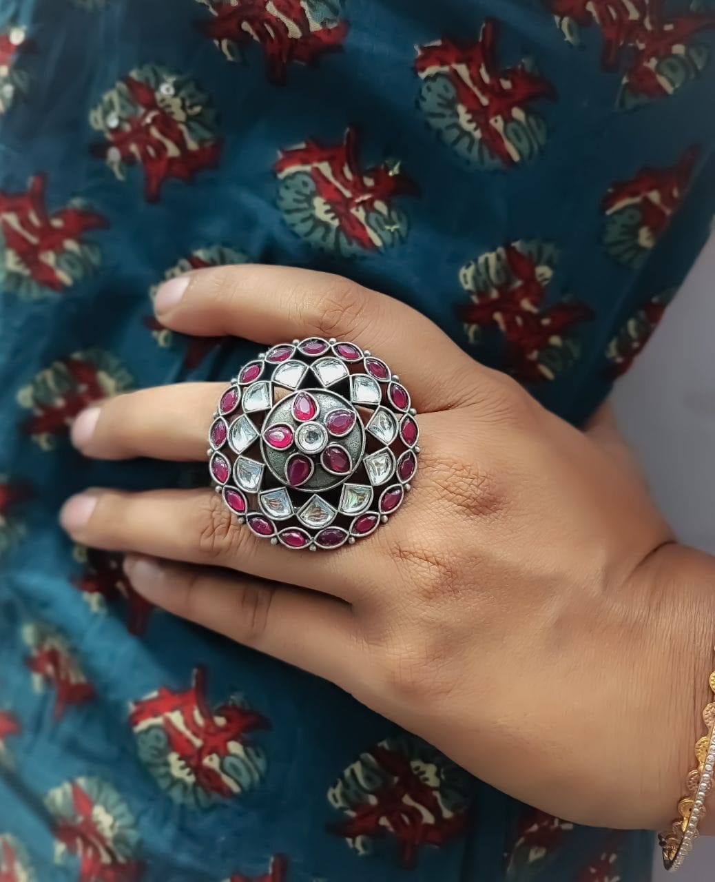 Antique Silver Replica Round Shape Stone Work Adjustable Rings For Girls - Image 15