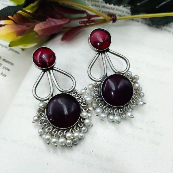 Affordable Hand-Made Silver Look Like Earrings Monalisa Stone with Pearl Work - "Red"