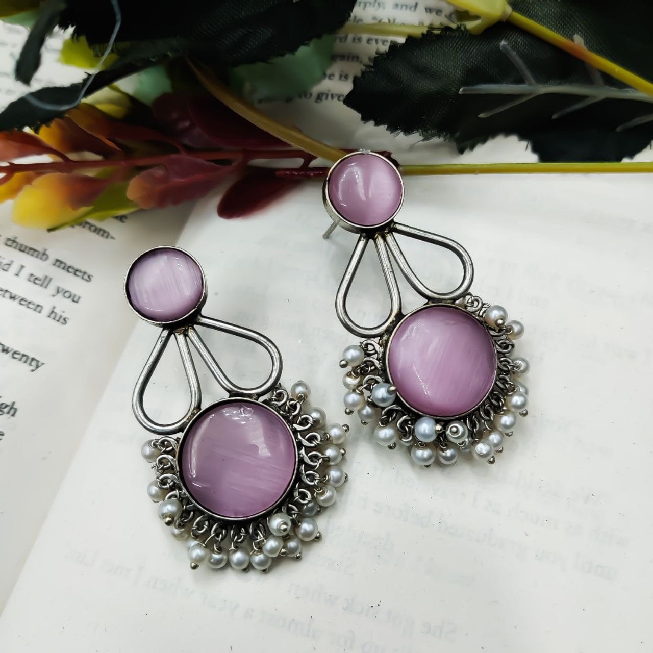 Affordable Hand-Made Silver Look Like Earrings Monalisa Stone with Pearl Work - Image 3