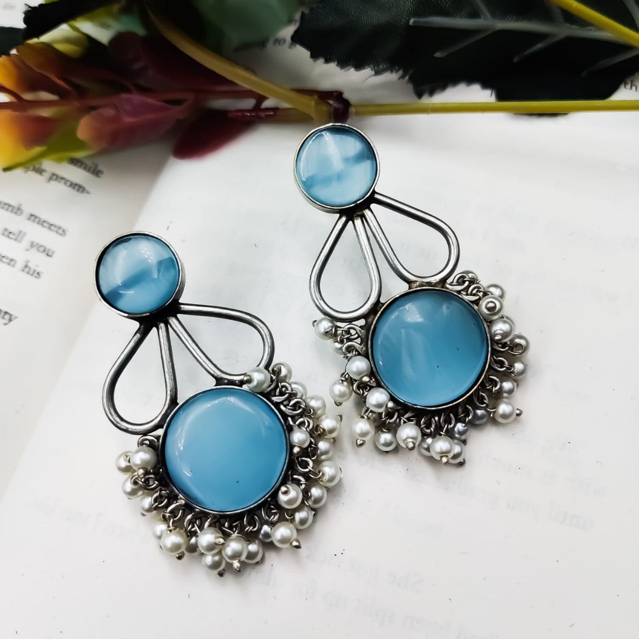 Affordable Hand-Made Silver Look Like Earrings Monalisa Stone with Pearl Work - Image 2