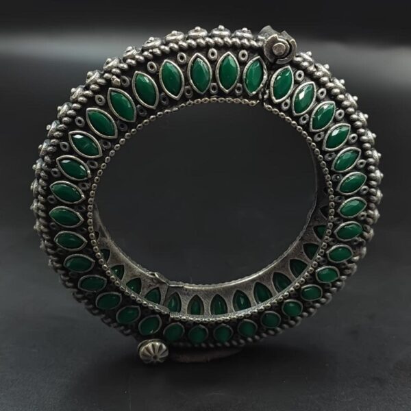 Antique Look Silver Replica Stone Work Oxidised Free Size Bangle Kada For Girls - "Green"