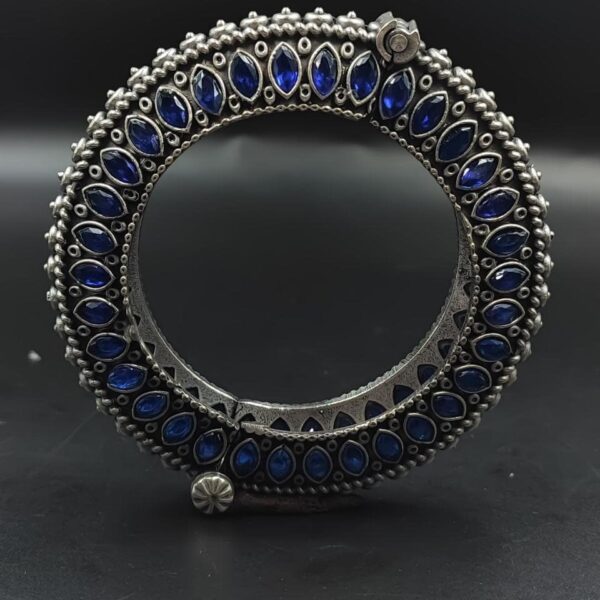 Antique Look Silver Replica Stone Work Oxidised Free Size Bangle Kada For Girls - "Blue"