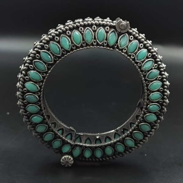 Antique Look Silver Replica Stone Work Oxidised Free Size Bangle Kada For Girls - "Mint"