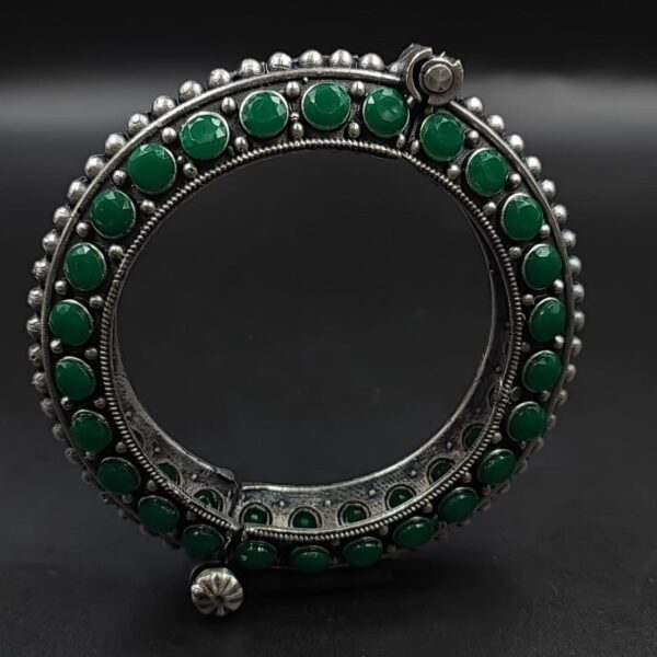 Designer Silver Replica Bangle | Stone Work Oxidised Free Size Kada - "Green"