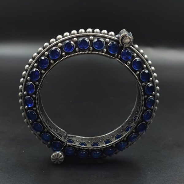 Designer Silver Replica Bangle | Stone Work Oxidised Free Size Kada - "Blue"