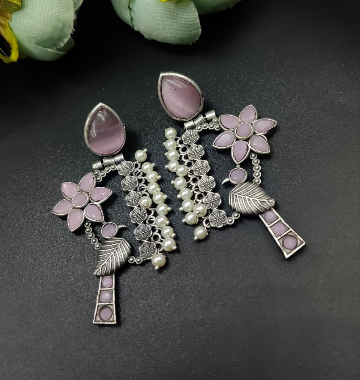 Designer Bird Earring - Silver Replica Monalisa Stone Stud Dangler Earrings With Pearl Work