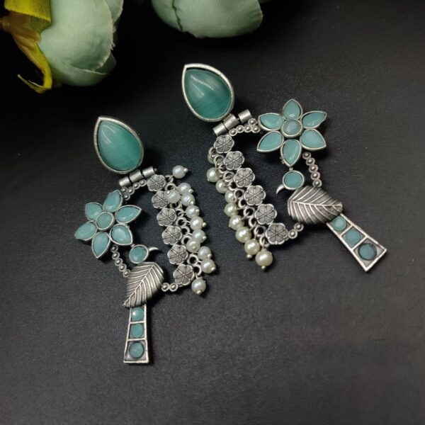 Designer Bird Earring - Silver Replica Monalisa Stone Stud Dangler Earrings With Pearl Work - "Mint"