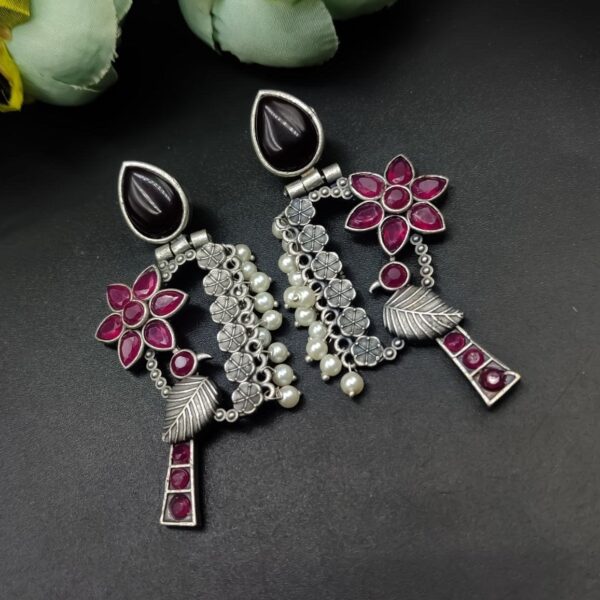 Designer Bird Earring - Silver Replica Monalisa Stone Stud Dangler Earrings With Pearl Work - "Maroon"