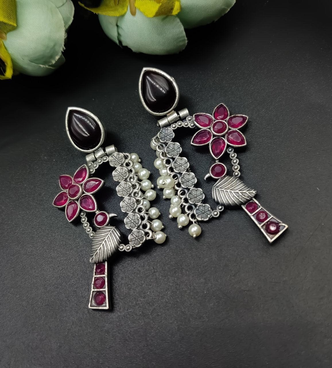 Designer Bird Earring - Silver Replica Monalisa Stone Stud Dangler Earrings With Pearl Work - Image 4