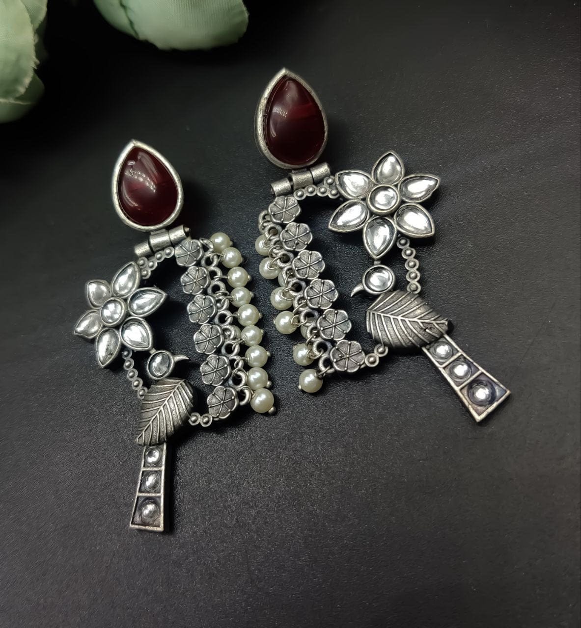 Designer Bird Earring - Silver Replica Monalisa Stone Stud Dangler Earrings With Pearl Work - Image 5