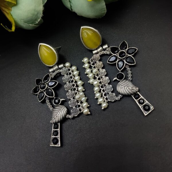 Designer Bird Earring - Silver Replica Monalisa Stone Stud Dangler Earrings With Pearl Work - "Yellow-black"