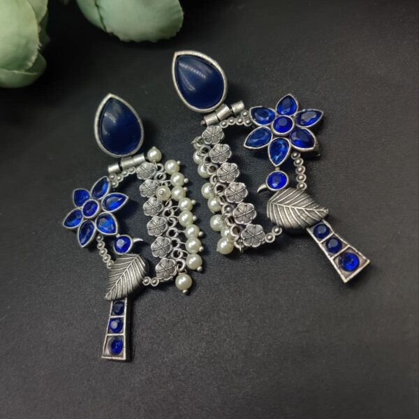 Designer Bird Earring - Silver Replica Monalisa Stone Stud Dangler Earrings With Pearl Work - "Blue"