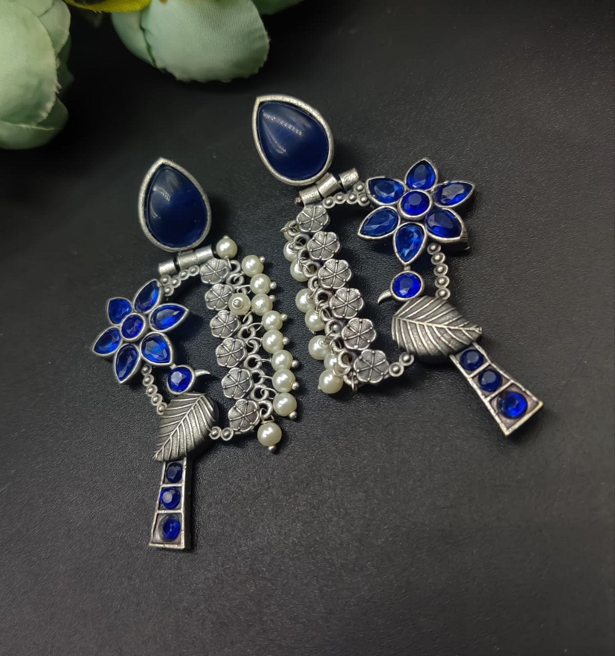 Designer Bird Earring - Silver Replica Monalisa Stone Stud Dangler Earrings With Pearl Work - Image 2