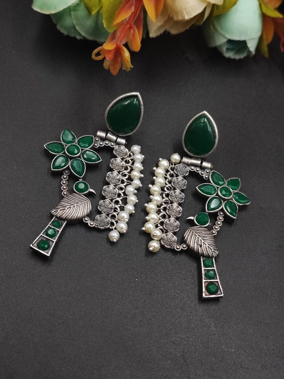 Designer Bird Earring - Silver Replica Monalisa Stone Stud Dangler Earrings With Pearl Work - Image 7