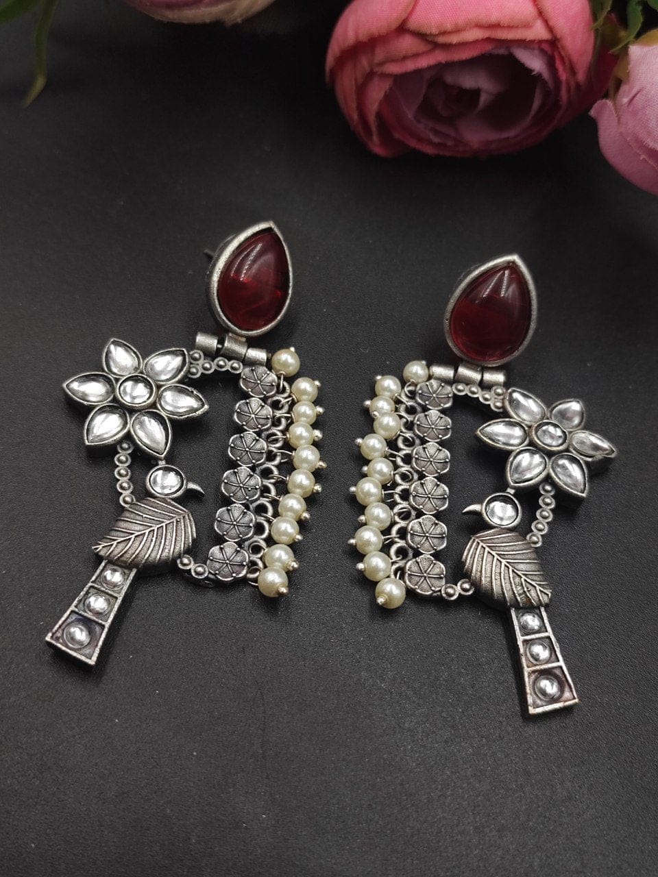 Designer Bird Earring - Silver Replica Monalisa Stone Stud Dangler Earrings With Pearl Work - Image 8