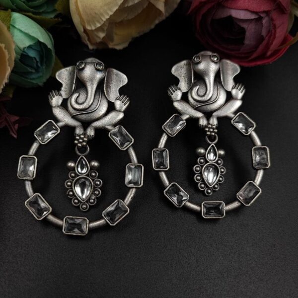 Trendy Oxidised Ganesha Earrings | Stylish Silver Replica Jewelry for Women - "White"