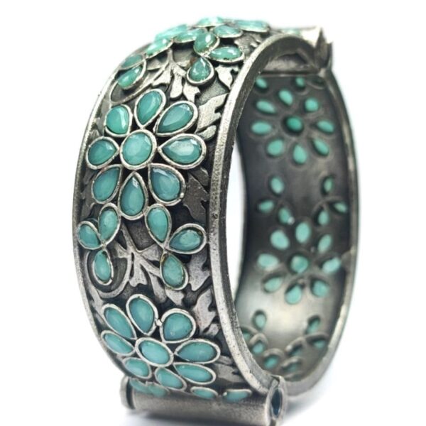 Floral Art Silver Replica Stone Work Oxidised Free Size Bangle Kada For Girls - "Mint"