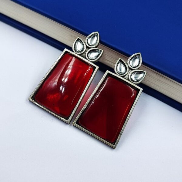 Premium Quality Monalisa Stone Jewellery - Oxidised Silver Replica Stone Stud Earrings - "Red"