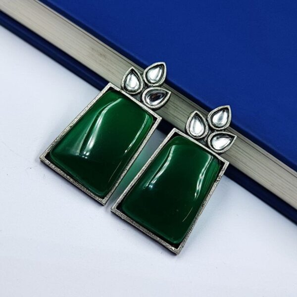 Premium Quality Monalisa Stone Jewellery - Oxidised Silver Replica Stone Stud Earrings - "Green-White"