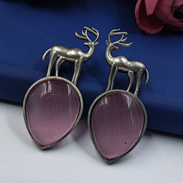 Premium Design of Deer Silver Replica Monalisa Stone Stud Dangler Earrings - "Baby Pink"