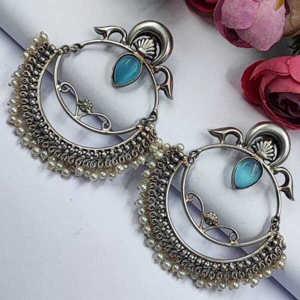 HandMade Silver Replica Chandbali Monalisa Stone Stud Dangler Earrings with Pearl Work - "Aqua"