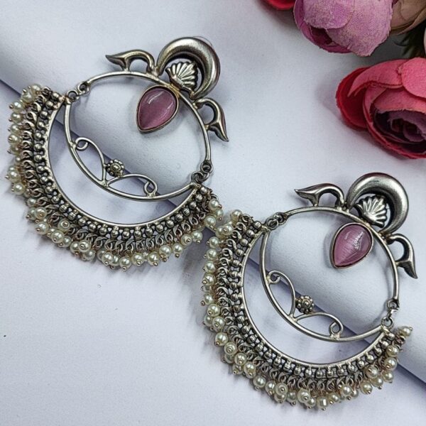 HandMade Silver Replica Chandbali Monalisa Stone Stud Dangler Earrings with Pearl Work - "Baby Pink"