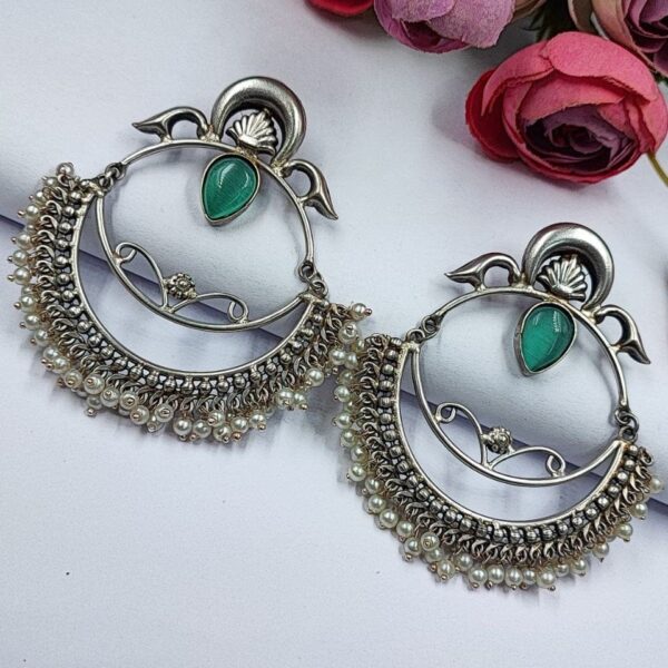 HandMade Silver Replica Chandbali Monalisa Stone Stud Dangler Earrings with Pearl Work - "Mint"