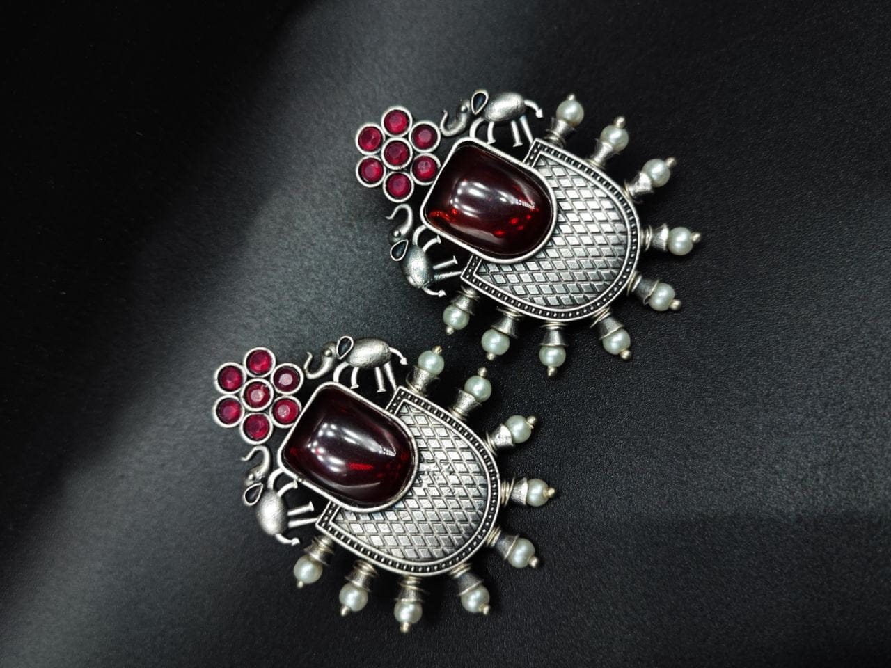 Designer Elephant Earrings With Monalisa Stone - Oxidised Silver Look aLike Earring - Image 13