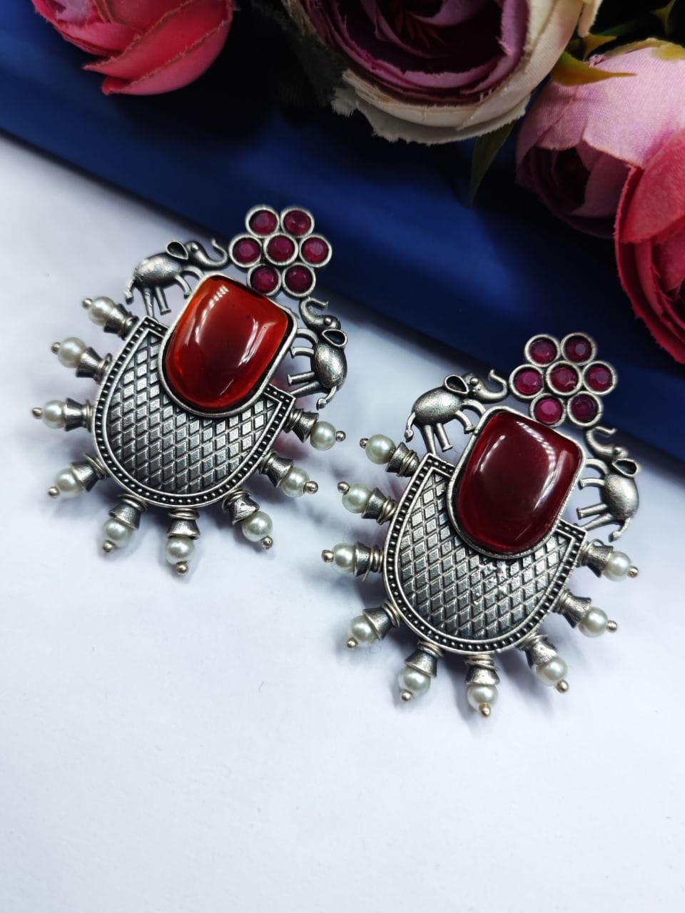 Designer Elephant Earrings With Monalisa Stone - Oxidised Silver Look aLike Earring - Image 12