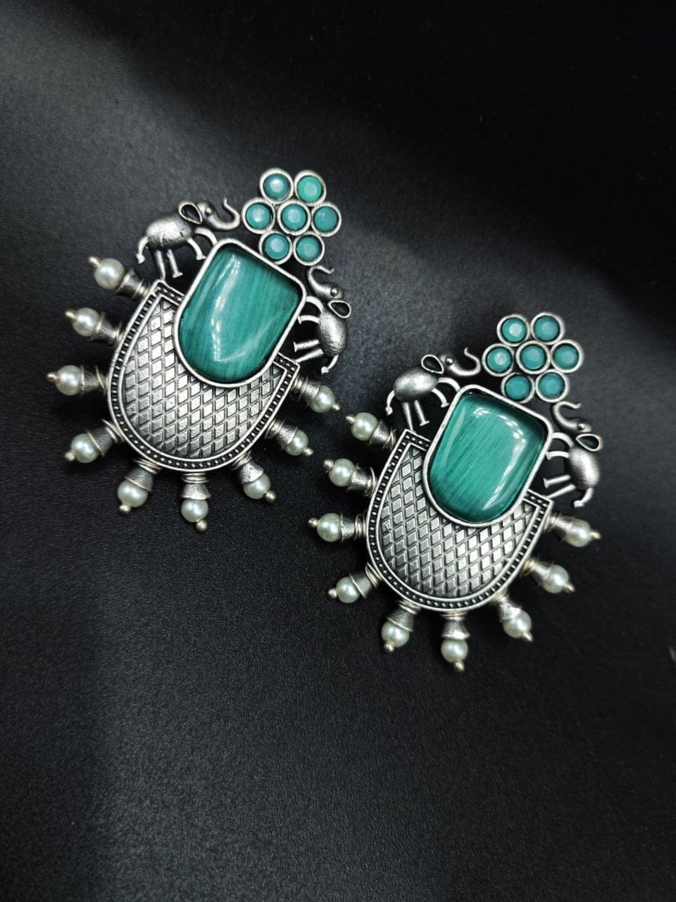 Designer Elephant Earrings With Monalisa Stone - Oxidised Silver Look aLike Earring - Image 11