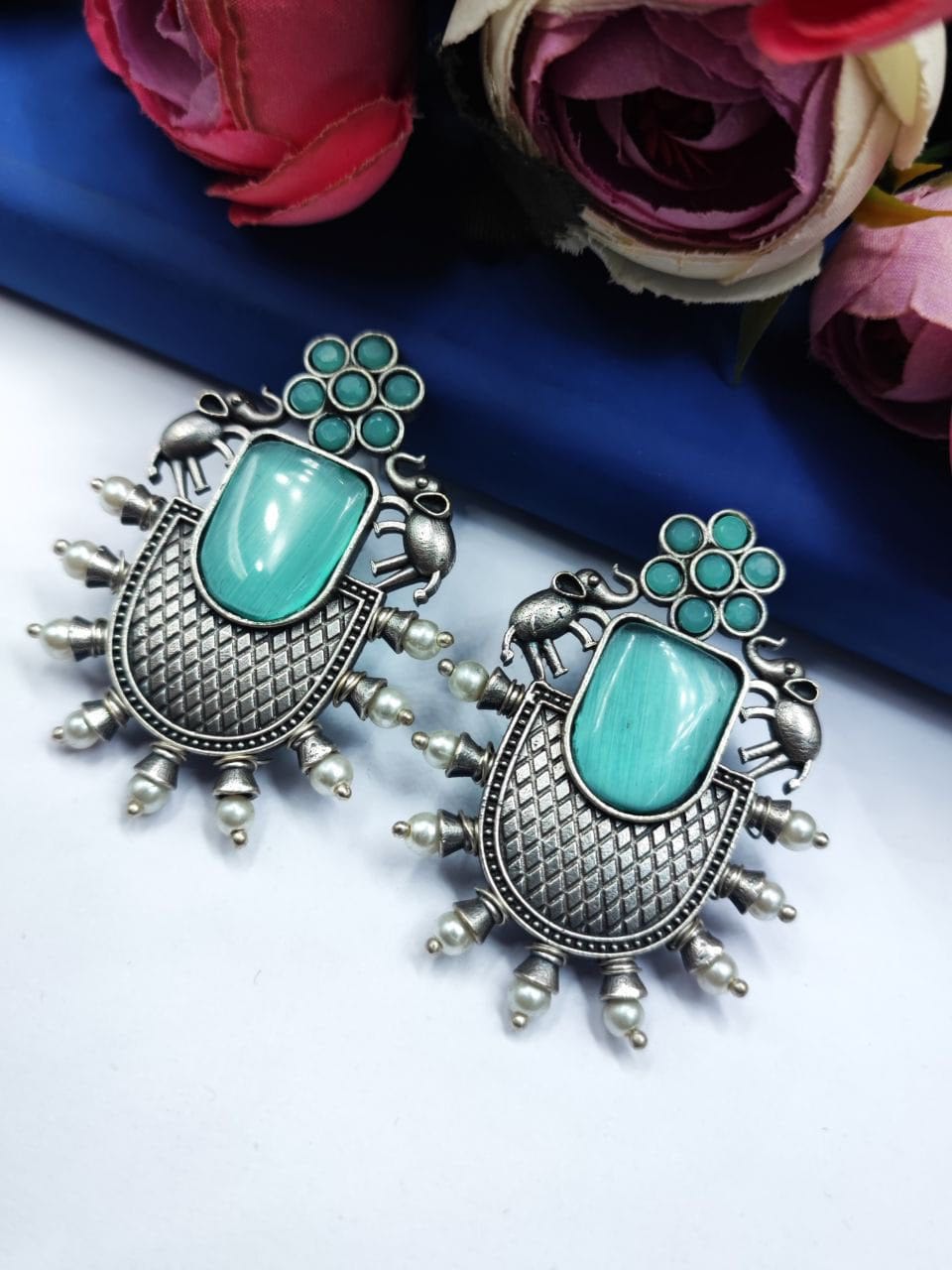 Designer Elephant Earrings With Monalisa Stone - Oxidised Silver Look aLike Earring - Image 10