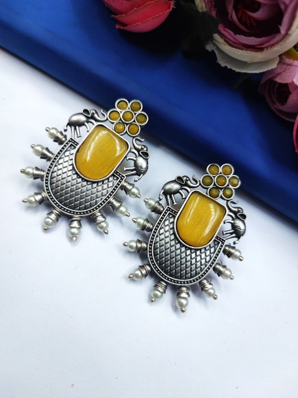 Designer Elephant Earrings With Monalisa Stone - Oxidised Silver Look aLike Earring