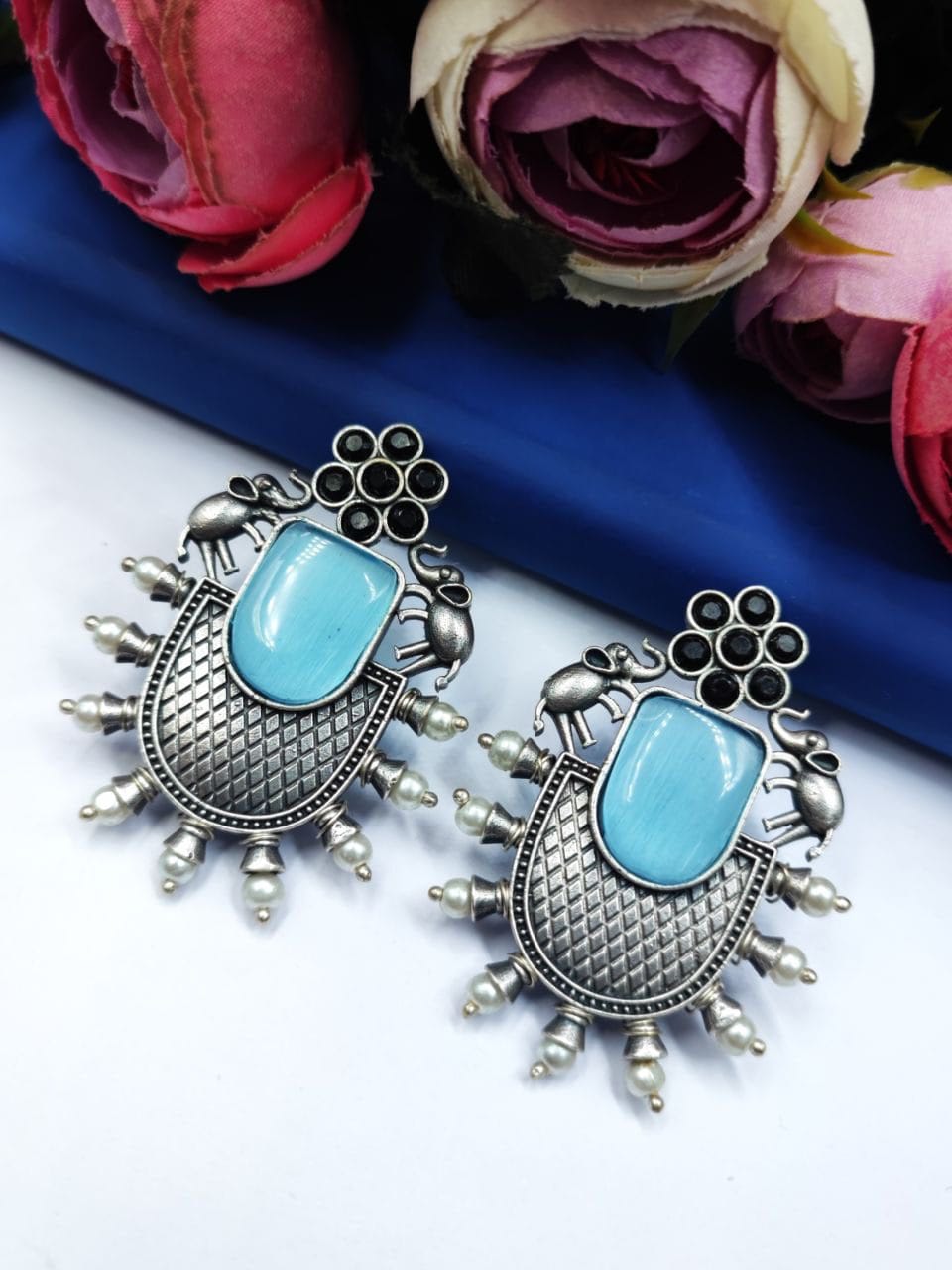 Designer Elephant Earrings With Monalisa Stone - Oxidised Silver Look aLike Earring - Image 8