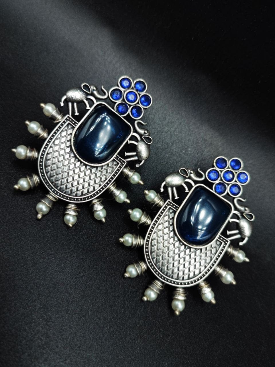 Designer Elephant Earrings With Monalisa Stone - Oxidised Silver Look aLike Earring - Image 7