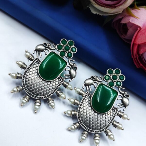 Designer Elephant Earrings With Monalisa Stone - Oxidised Silver Look aLike Earring - "Green"